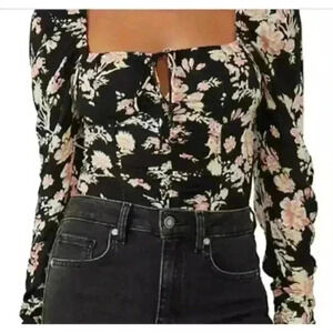 NWT $98 Free People Hilary Printed‎ Top Size Large Black Combo Smock Puff Sleeve